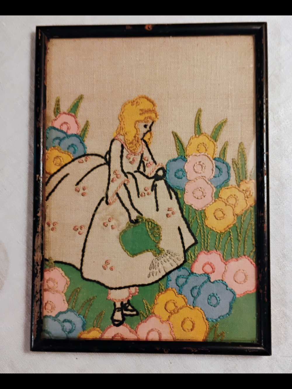 Hand-Embroidered Floral Girl Wall Art - Cream, Green, Pink, Yellow